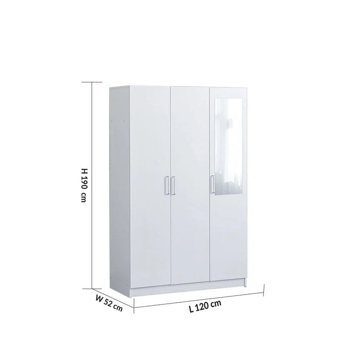 Supreme 3-Door Wardrobe with Mirror-White-With 2-Year Warranty