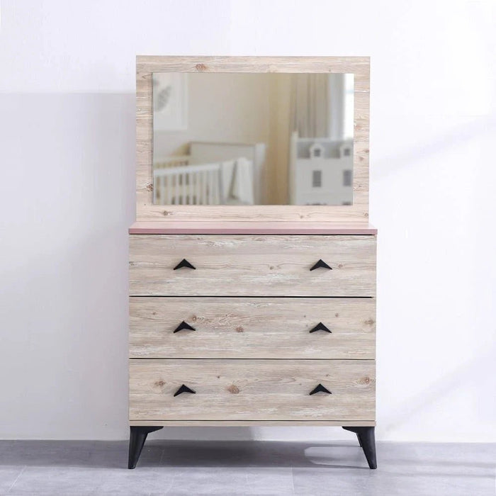 Bliss 3-Drawer Dresser with Mirror - Oak & Pink - With 5-Year Warranty