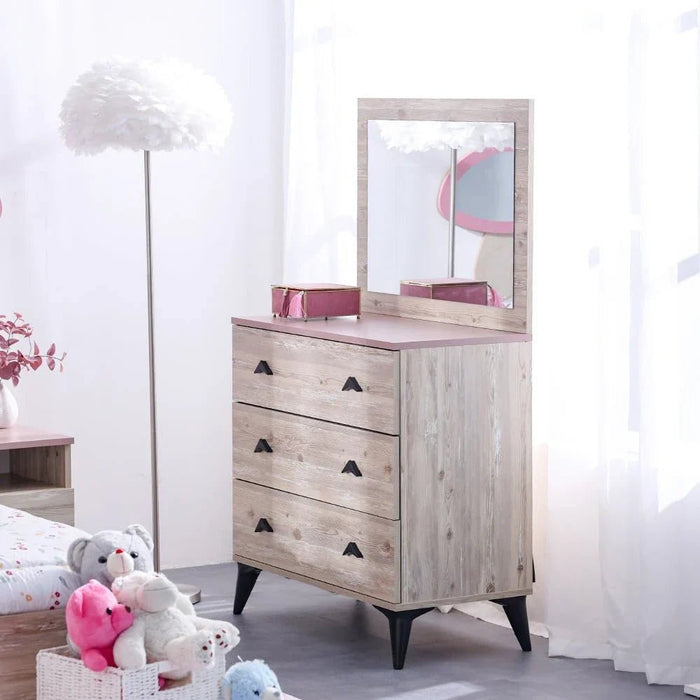 Bliss 3-Drawer Dresser with Mirror - Oak & Pink - With 5-Year Warranty
