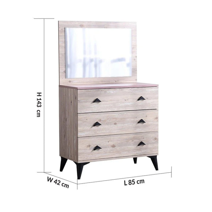 Bliss 3-Drawer Dresser with Mirror - Oak & Pink - With 5-Year Warranty