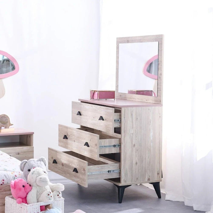 Bliss 3-Drawer Dresser with Mirror - Oak & Pink - With 5-Year Warranty