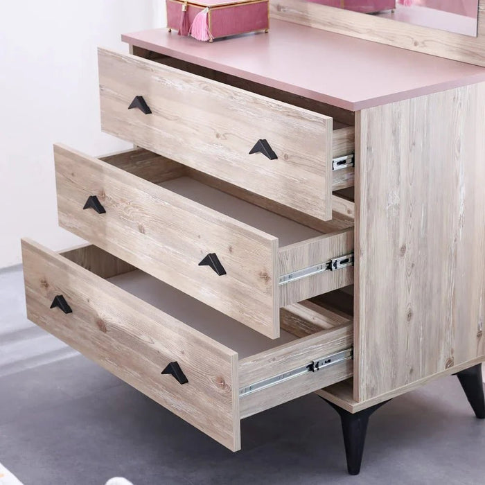 Bliss 3-Drawer Dresser with Mirror - Oak & Pink - With 5-Year Warranty