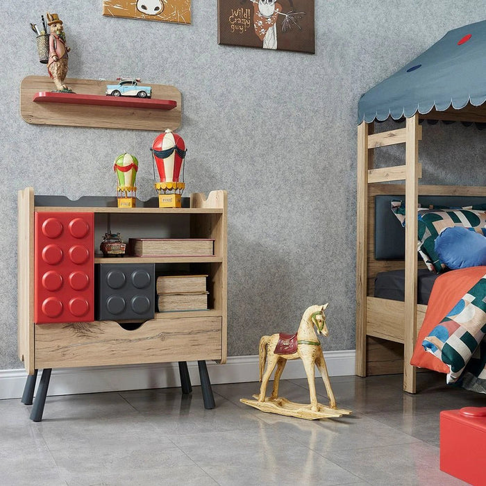 Bricks 3-Drawer Dresser with Shelf-Oak/Red/Grey-With 5-Year Warranty