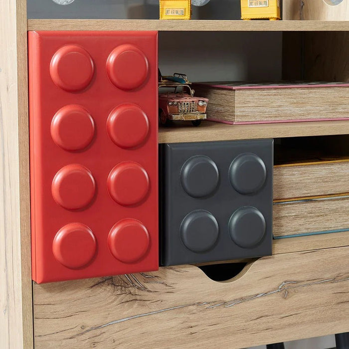 Bricks 3-Drawer Dresser with Shelf-Oak/Red/Grey-With 5-Year Warranty