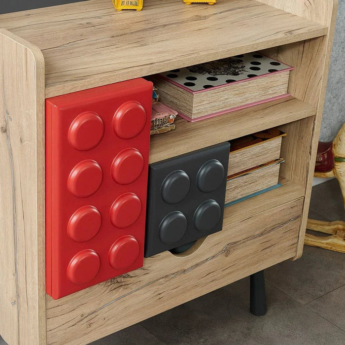 Bricks 3-Drawer Dresser with Shelf-Oak/Red/Grey-With 5-Year Warranty