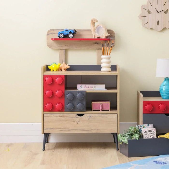 Bricks 3-Drawer Dresser with Shelf-Oak/Red/Grey-With 5-Year Warranty