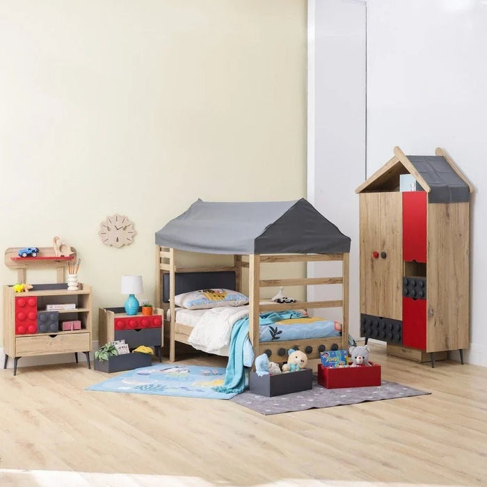 Bricks 3-Drawer Dresser with Shelf-Oak/Red/Grey-With 5-Year Warranty