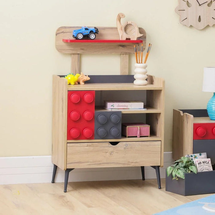 Bricks 3-Drawer Dresser with Shelf-Oak/Red/Grey-With 5-Year Warranty