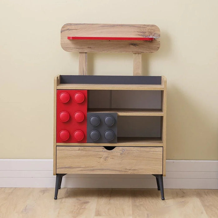 Bricks 3-Drawer Dresser with Shelf-Oak/Red/Grey-With 5-Year Warranty