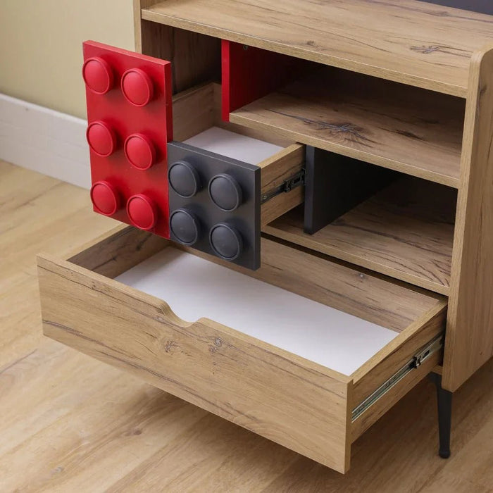 Bricks 3-Drawer Dresser with Shelf-Oak/Red/Grey-With 5-Year Warranty