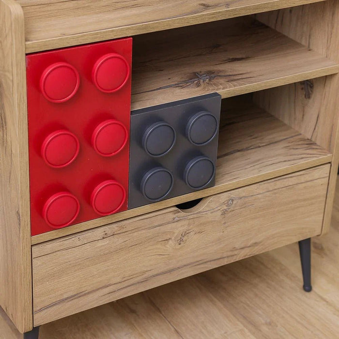 Bricks 3-Drawer Dresser with Shelf-Oak/Red/Grey-With 5-Year Warranty