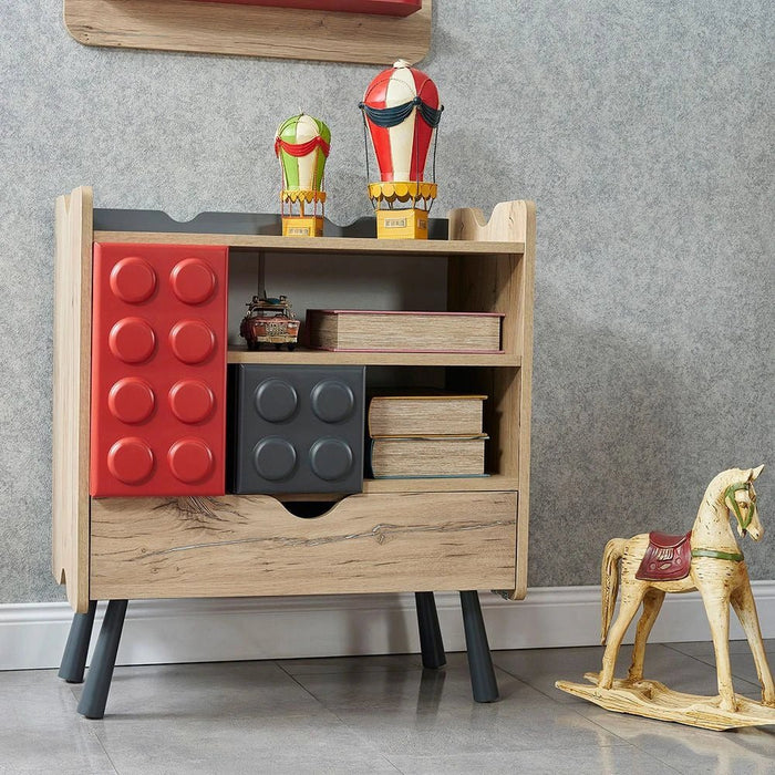 Bricks 3-Drawer Dresser with Shelf-Oak/Red/Grey-With 5-Year Warranty