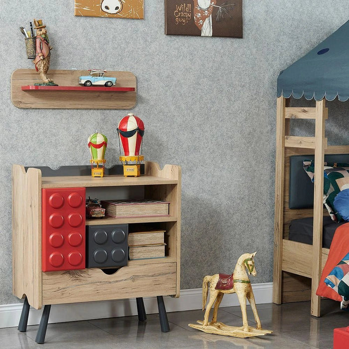 Bricks 3-Drawer Dresser with Shelf-Oak/Red/Grey-With 5-Year Warranty
