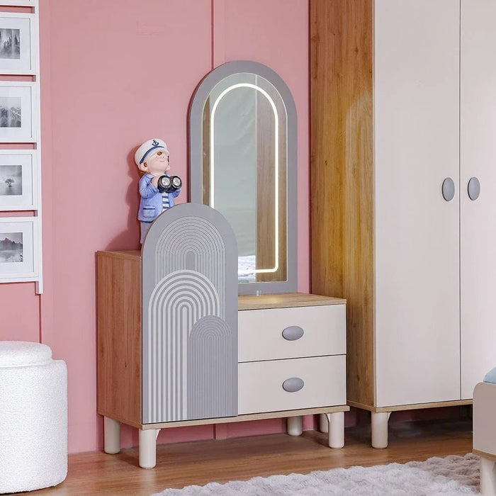Zeta 2 Drawer +1 Door Dresser with Mirror & LED - Off White & Grey - With 2-Year Warranty