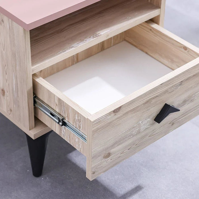 Bliss 1-Drawer Nightstand - Oak & Pink - With 5-Year Warranty