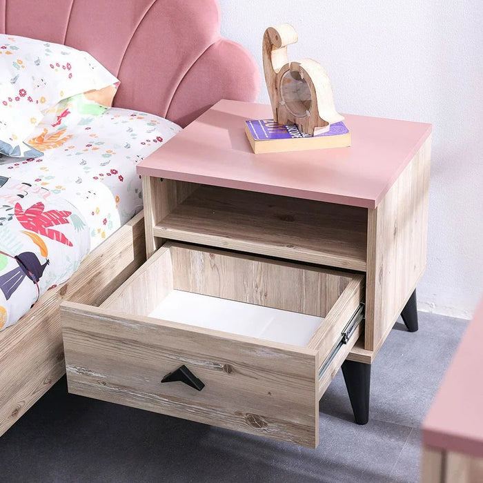 Bliss 1-Drawer Nightstand - Oak & Pink - With 5-Year Warranty