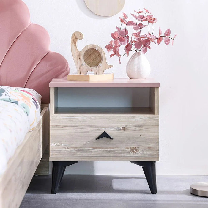 Bliss 1-Drawer Nightstand - Oak & Pink - With 5-Year Warranty