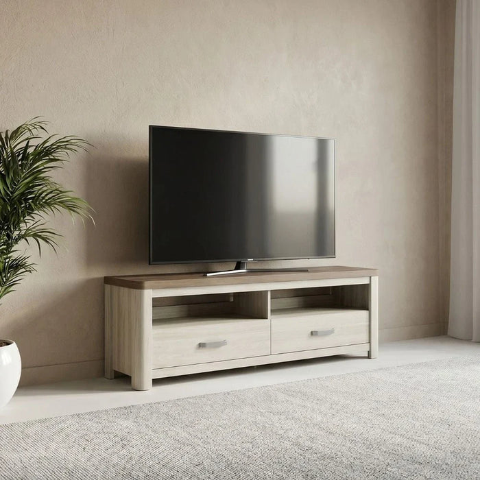 Olivos Low TV Unit for TVs up to 75 Inches with Storage-Ash Grey/Oak-With 2-Year Warranty