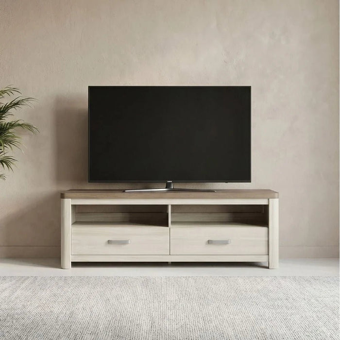Olivos Low TV Unit for TVs up to 75 Inches with Storage-Ash Grey/Oak-With 2-Year Warranty