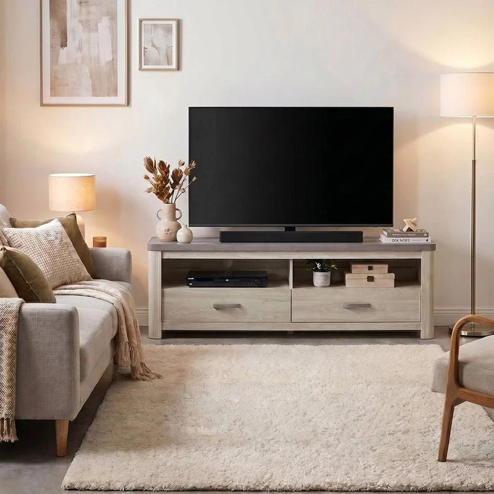 Olivos Low TV Unit for TVs up to 75 Inches with Storage-Ash Grey/Oak-With 2-Year Warranty