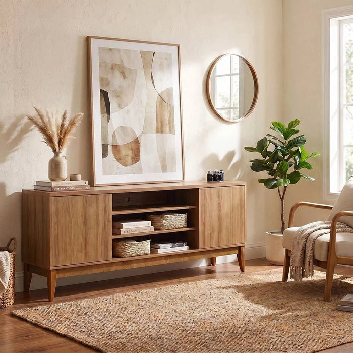 Titan TV Unit-Up to 65 Inches-Almond/Natural Wood- With 2-Year Warranty