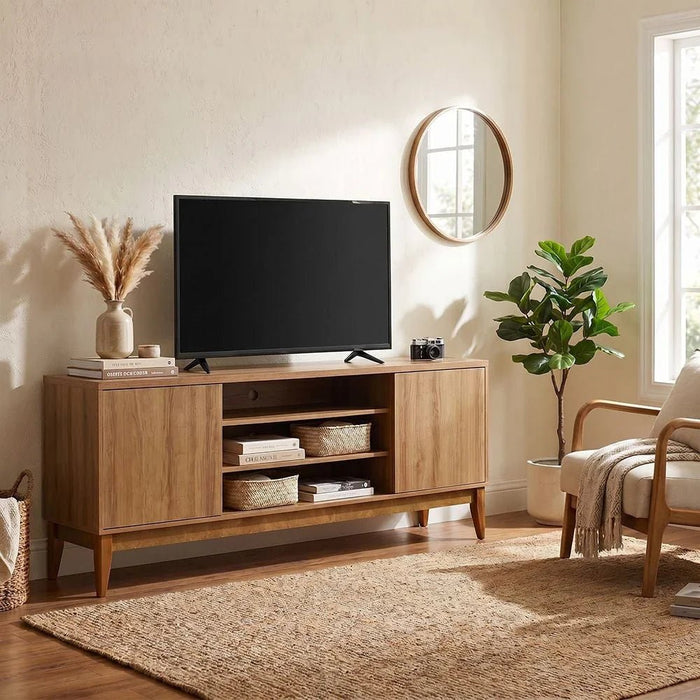 Titan TV Unit-Up to 65 Inches-Almond/Natural Wood- With 2-Year Warranty