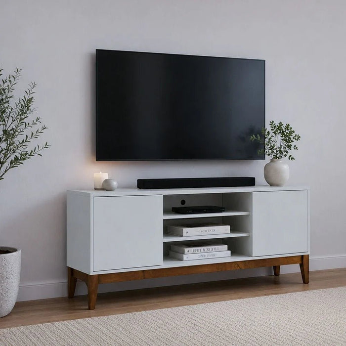 Titan TV Unit - Up to 65 Inches - Off White/Natural Wood - With 2-Year Warranty