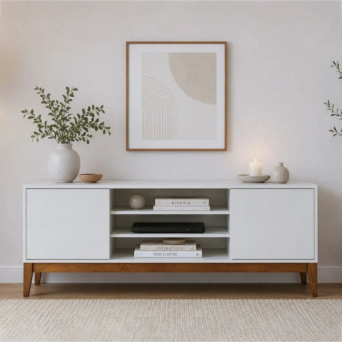 Titan TV Unit - Up to 65 Inches - Off White/Natural Wood - With 2-Year Warranty