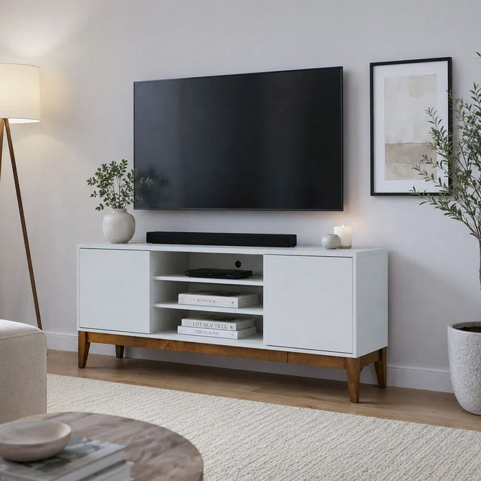 Titan TV Unit - Up to 65 Inches - Off White/Natural Wood - With 2-Year Warranty