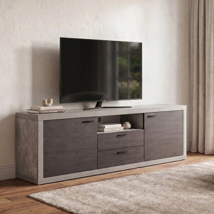 Pletora TV Unit with storage up to 75 inches-Cement Grey/Dark Oak-With 2-Year Warranty