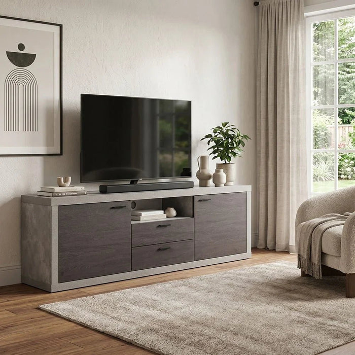 Pletora TV Unit with storage up to 75 inches-Cement Grey/Dark Oak-With 2-Year Warranty