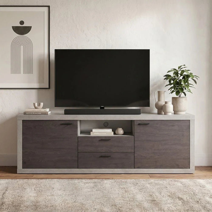 Pletora TV Unit with storage up to 75 inches-Cement Grey/Dark Oak-With 2-Year Warranty