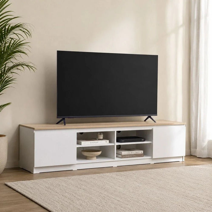 Guyana TV Unit with 2 Doors & Shelves - Up to 80 Inches - White/Oak - With 2-Year Warranty