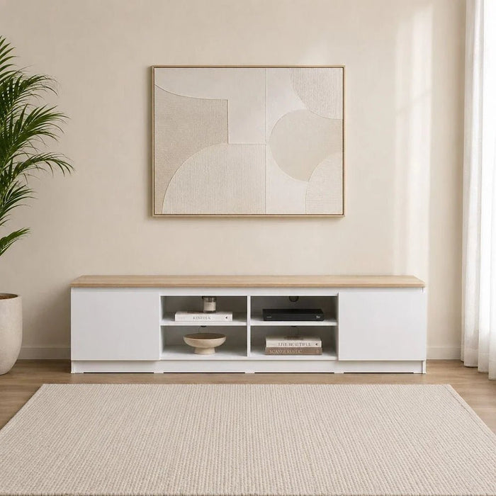 Guyana TV Unit with 2 Doors & Shelves - Up to 80 Inches - White/Oak - With 2-Year Warranty