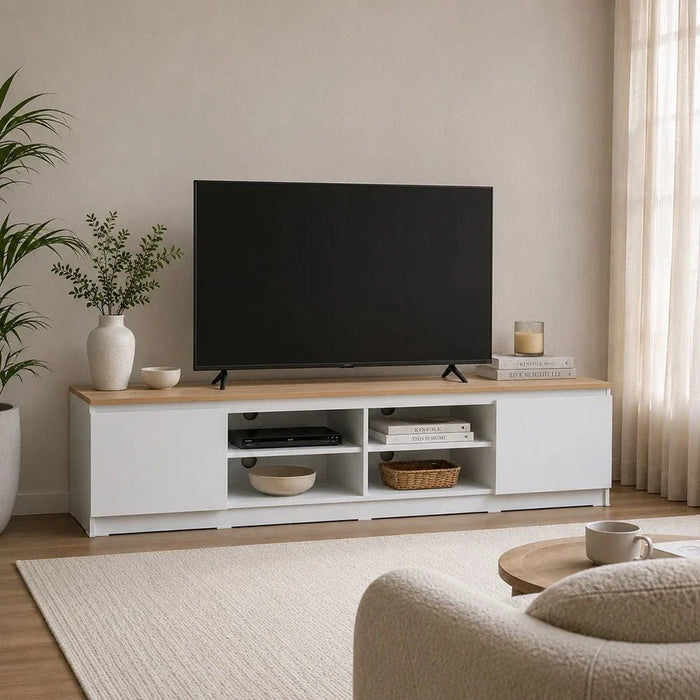 Guyana TV Unit with 2 Doors & Shelves - Up to 80 Inches - White/Oak - With 2-Year Warranty