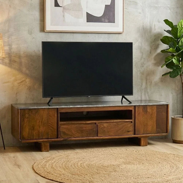 York 2 Door & 2 Drawer Marble Top Tv Unit Up To 75 Inch  -Black/Walnut