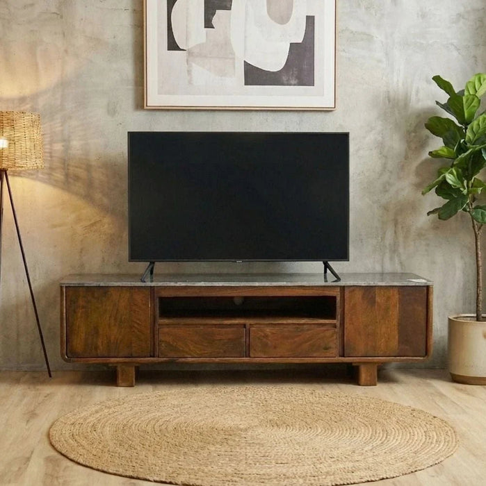 York 2 Door & 2 Drawer Marble Top Tv Unit Up To 75 Inch  -Black/Walnut