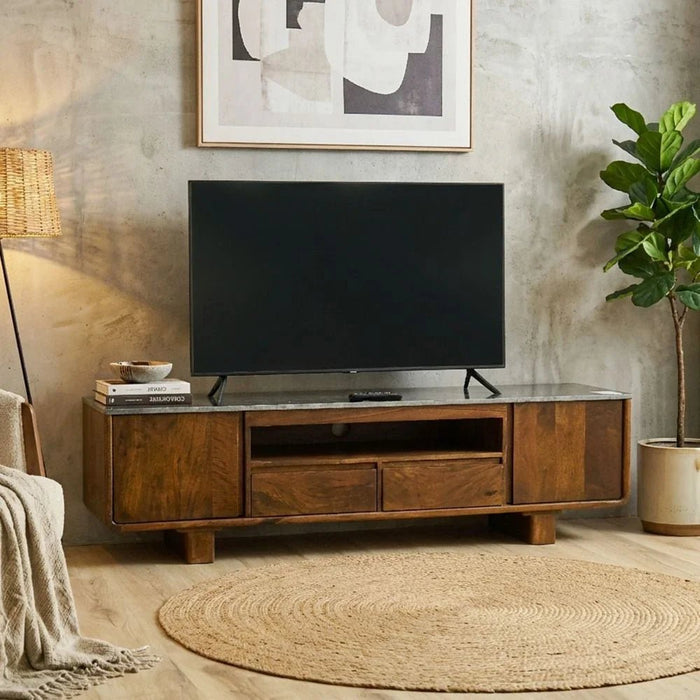 York 2 Door & 2 Drawer Marble Top Tv Unit Up To 75 Inch  -Black/Walnut