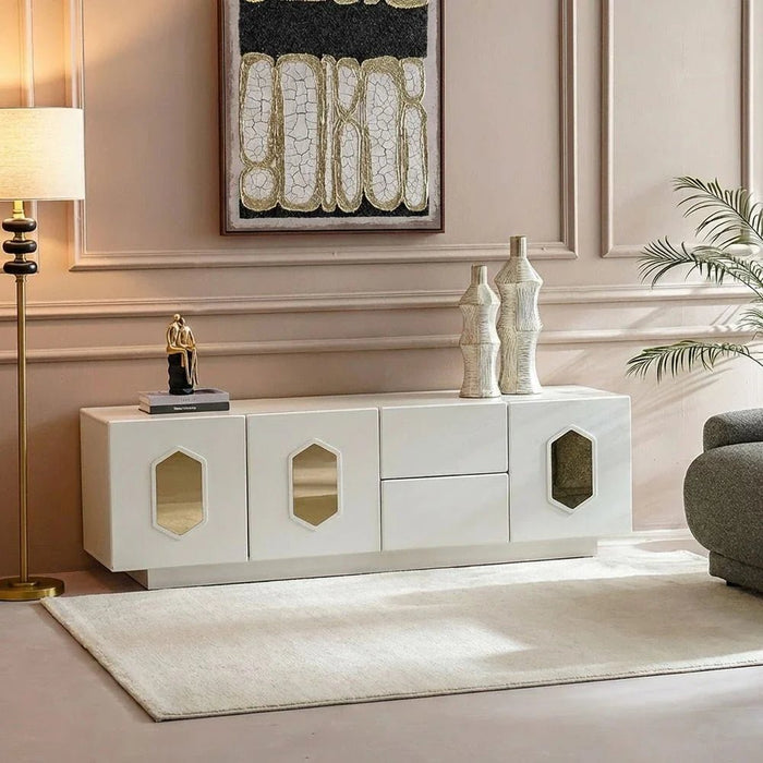 Qasr 3-Door & 2-Drawer TV Unit - Up to 75 inches - Pearl White - With 3-Year Warranty