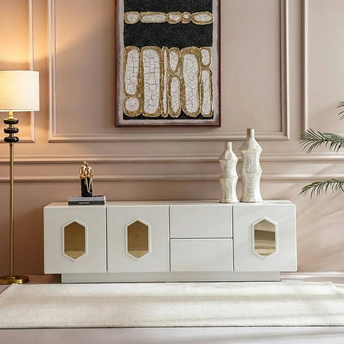 Qasr 3-Door & 2-Drawer TV Unit - Up to 75 inches - Pearl White - With 3-Year Warranty