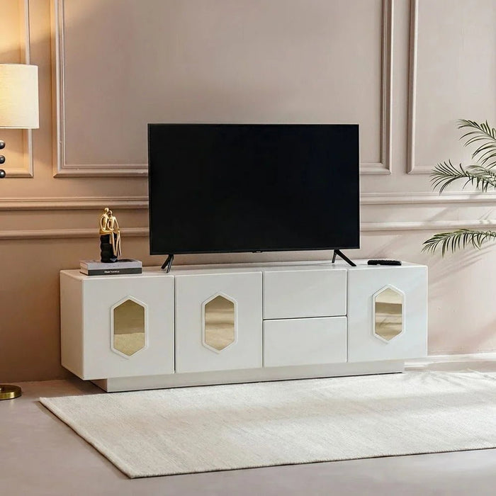 Qasr 3-Door & 2-Drawer TV Unit - Up to 75 inches - Pearl White - With 3-Year Warranty