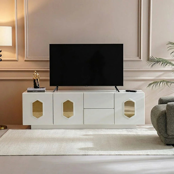 Qasr 3-Door & 2-Drawer TV Unit - Up to 75 inches - Pearl White - With 3-Year Warranty