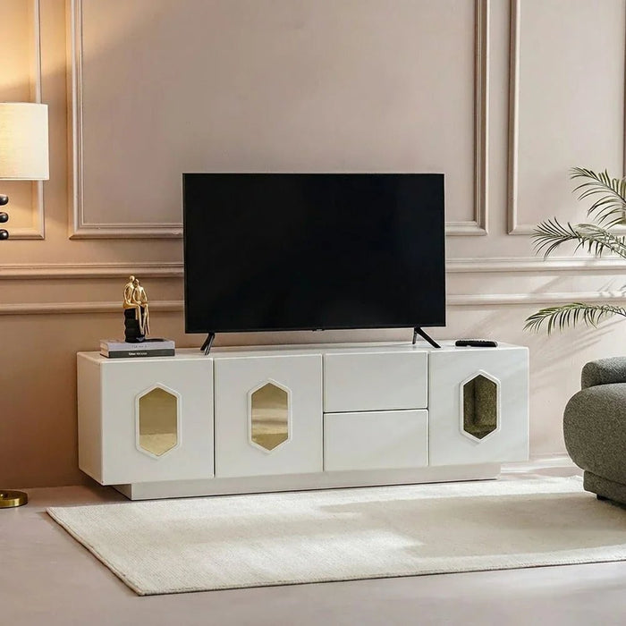 Qasr 3-Door & 2-Drawer TV Unit - Up to 75 inches - Pearl White - With 3-Year Warranty