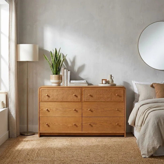 Rita 6-Drawer Dresser with Natural Rattan- Oak/Rattan Ð With 2-Year Warranty