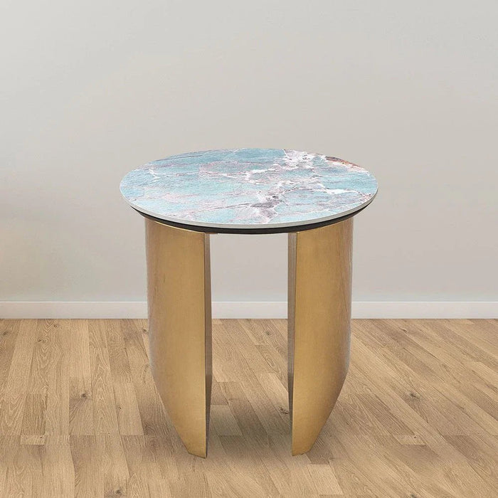 Conley Sintered Stone Round End Table-Green/Gold-With 2-Year Warranty