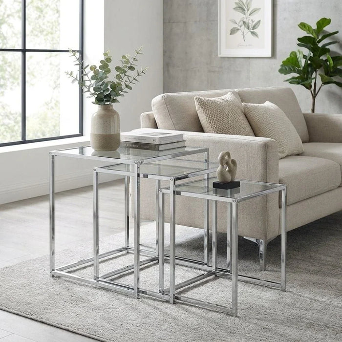 Jorley Set of 3 Glass Nesting Table-Chrome/Clear Glass-With 2-Year Warranty