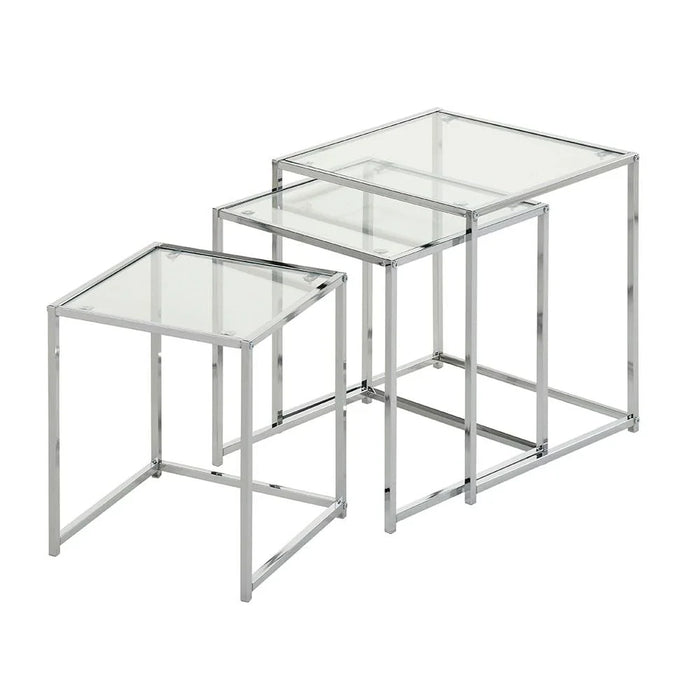 Jorley Set of 3 Glass Nesting Table-Chrome/Clear Glass-With 2-Year Warranty