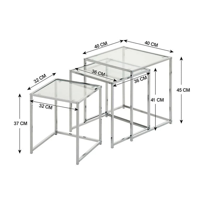 Jorley Set of 3 Glass Nesting Table-Chrome/Clear Glass-With 2-Year Warranty