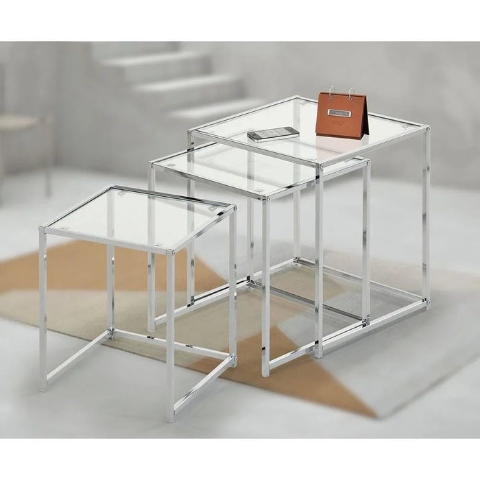 Jorley Set of 3 Glass Nesting Table-Chrome/Clear Glass-With 2-Year Warranty