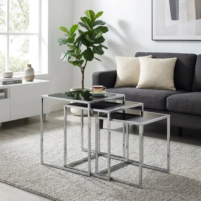 Jorley Glass Nesting Table-Set of 3-Chrome/Black Glass-With 2-Year Warranty